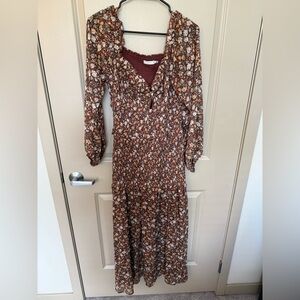 Lush Floral Long Sleeve Dress in Brown and Cream